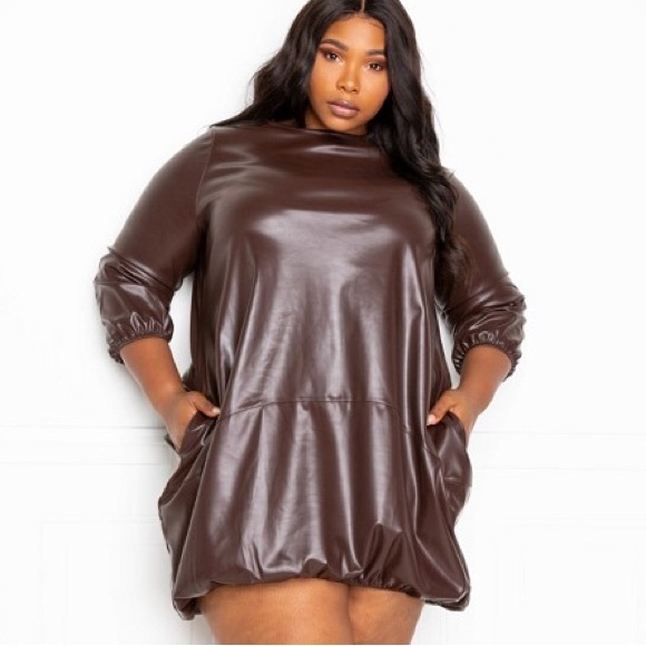 CHOCOLATE FAUX LEATHER LOOK BUBBLE HEM MINI DRESS - Picture 3 of 4